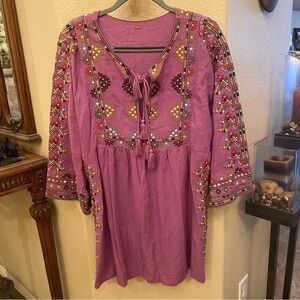 FREE PEOPLE Women Purple Multicolor Embroidery Linen Tassel Tunic Dress Size S/M